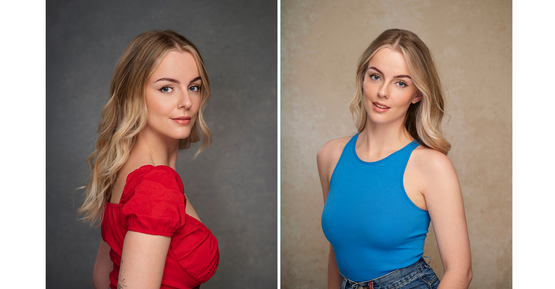blonde actress singer head shot front of a canvas painted backdrop wearing a red and blue top